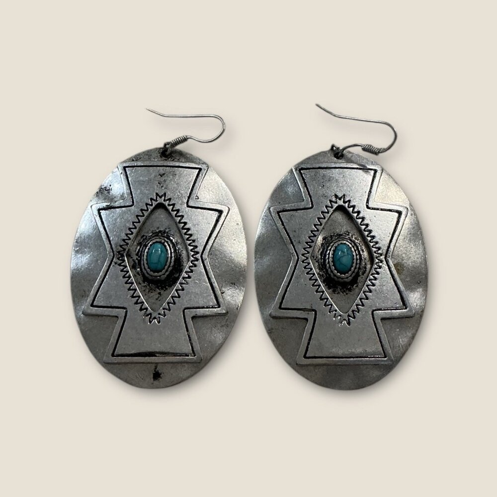 Large Oval Southwestern Dangle Earrings With Faux Turquoise Stone & Etched Silve
